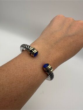 Vintage Two-Tone Twisted Cable Open Cuff Bracelet Blue Gemstone